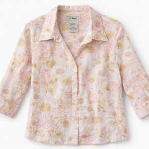 L.L. Bean Womens Linen Floral Button Up Blouse 3/4 Sleeve Size L